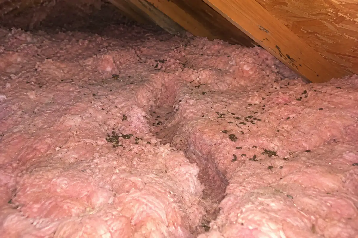 Attic insulation with rodent trails and droppings, typical of attic rodent removal Greensboro jobs
