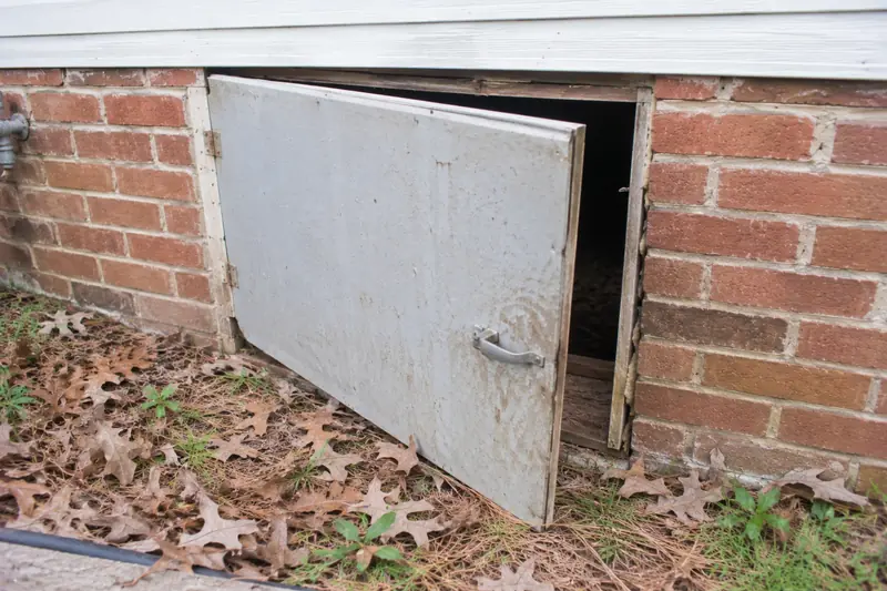 Crawl space access door with gaps around the frame