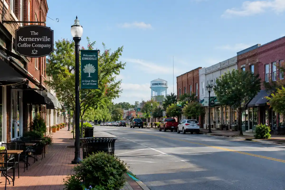 Main Street in downtown Kernersville, where rodent control Kernersville NC calls include older buildings