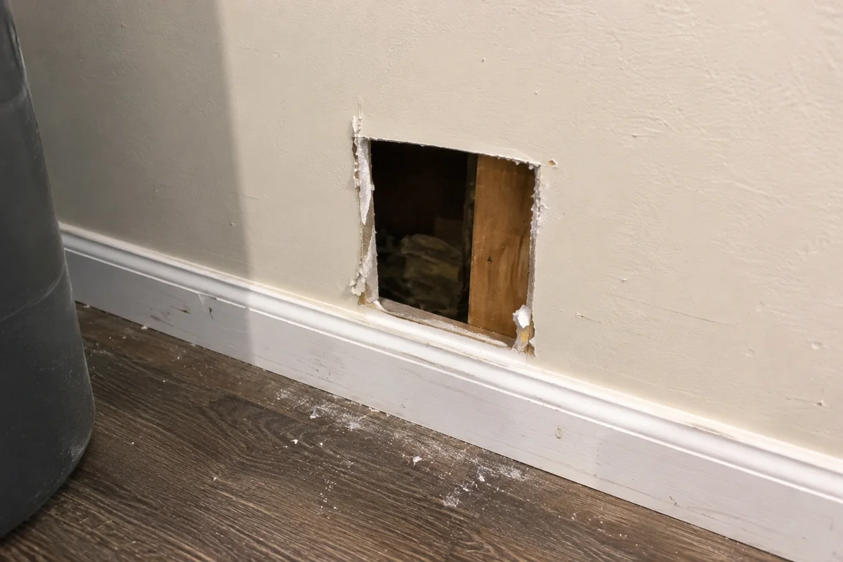Small access hole cut in drywall, a common step in dead rodent removal Greensboro jobs