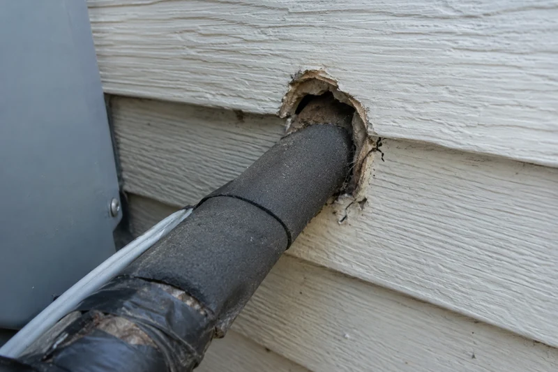 Gap around an AC line entering an outside wall