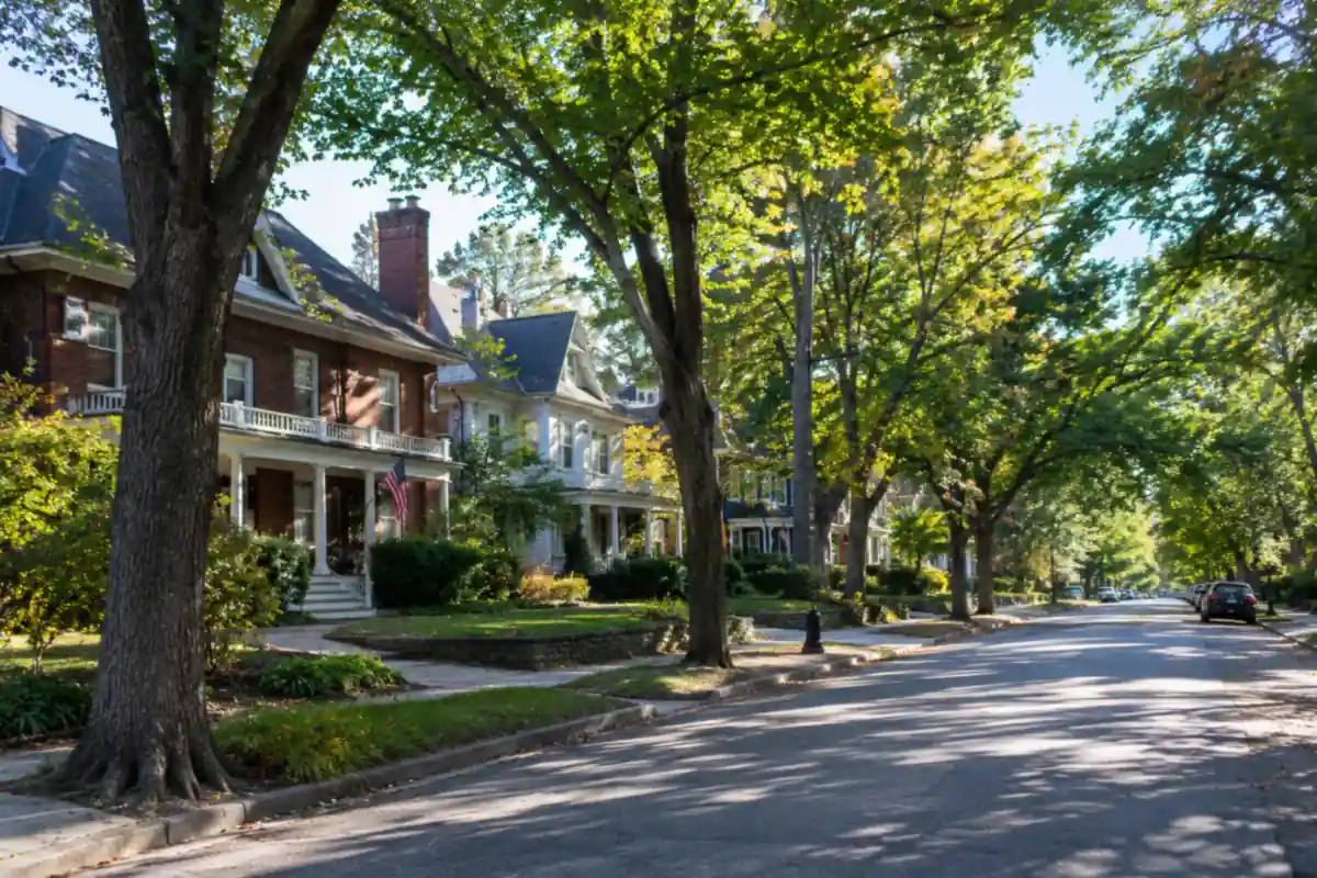Tree-lined street of older homes, typical of several Greensboro neighborhoods
