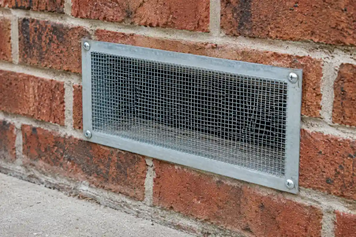 Metal mesh fastened over a foundation vent during rodent exclusion Greensboro work