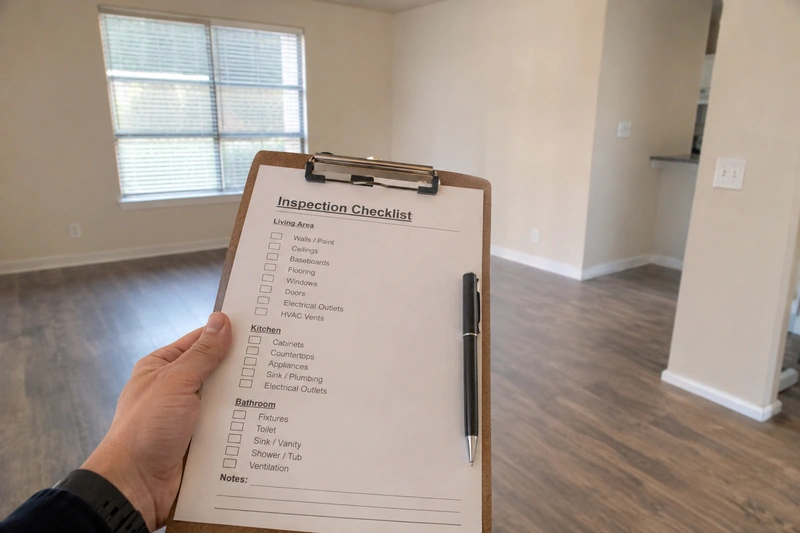 Move-in inspection checklist in an empty apartment