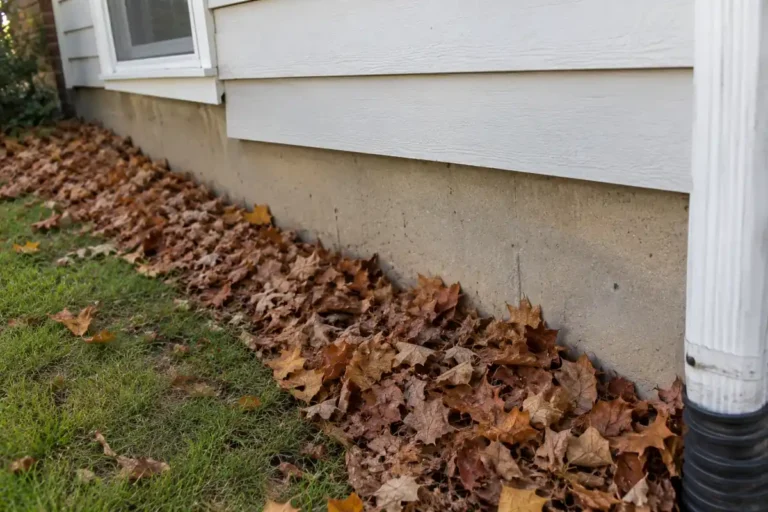 Fallen leaves piled against a house foundation