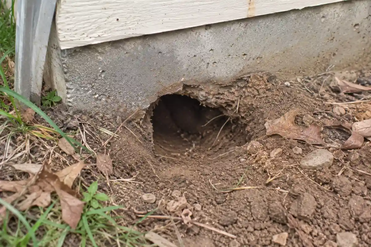 Rat burrow beside a house foundation, the kind of sign rat removal Greensboro providers look for first