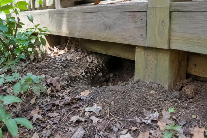 Rat burrow under the edge of a deck, a common sign of rats near Buffalo Creek