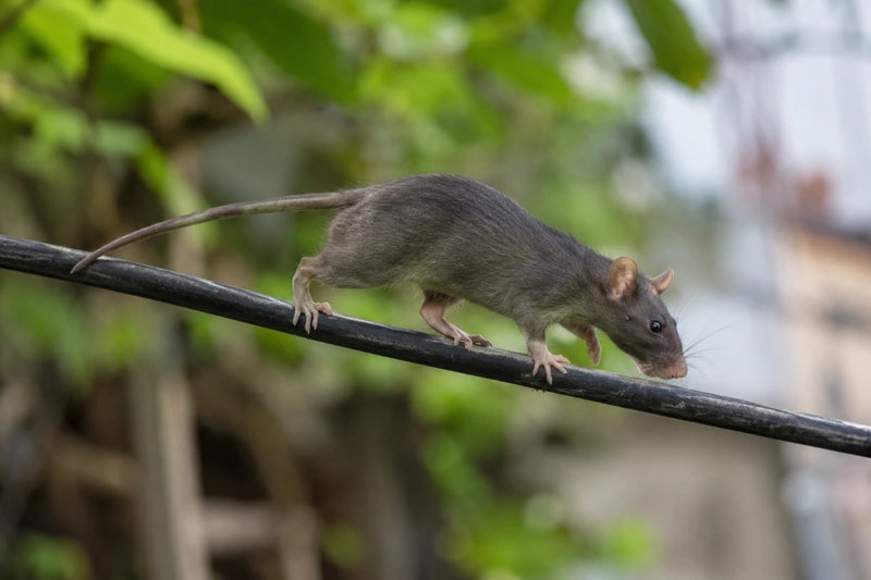 Roof rat walking along a utility line