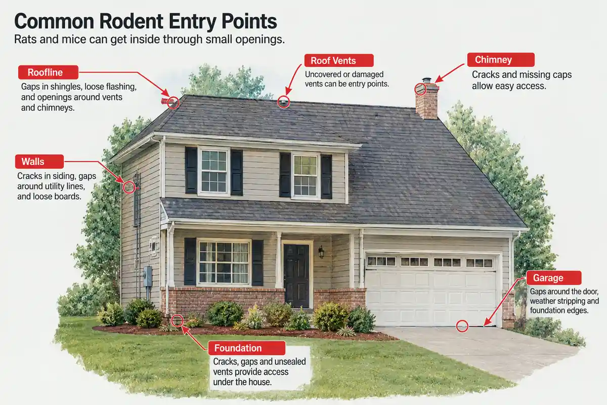 Drawing of a house showing where rodents get in, from roofline to foundation