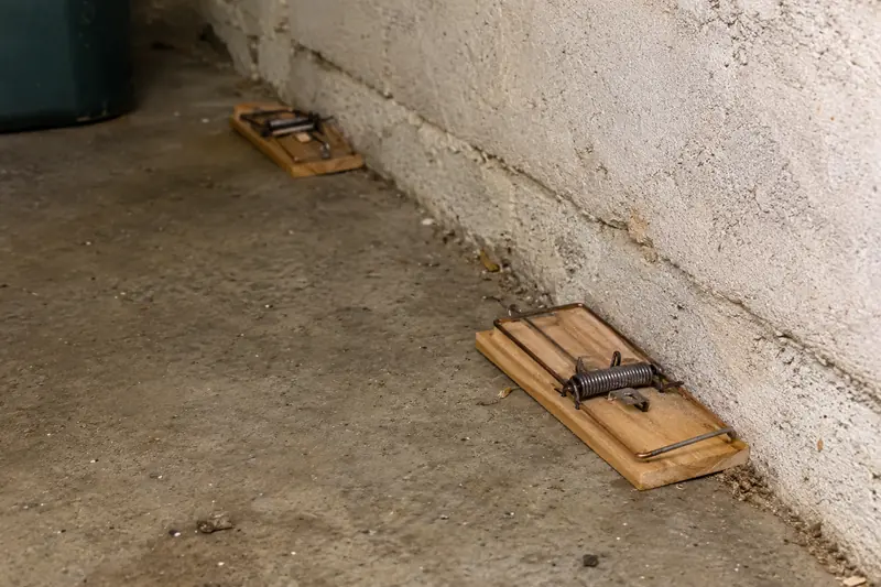 Snap traps set along a wall where rats travel