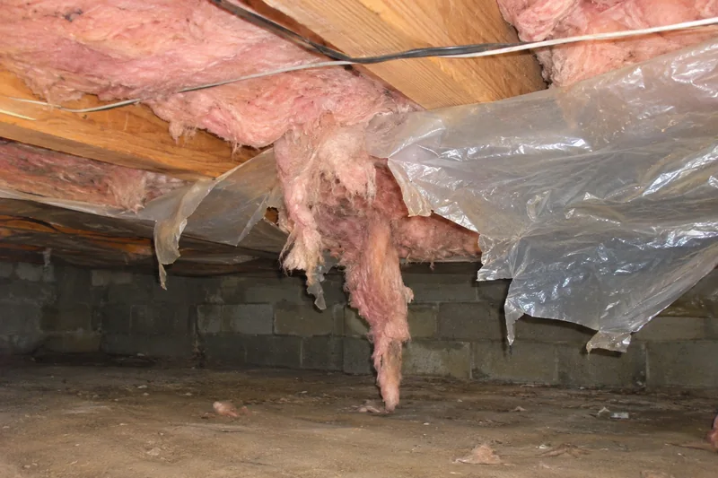 Torn vapor barrier and fallen insulation in a crawl space